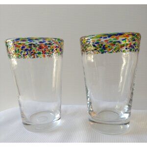 Mexican Blown Art GlassConfetti Rimmed Tumbler Drinking Glasses Set Of 2